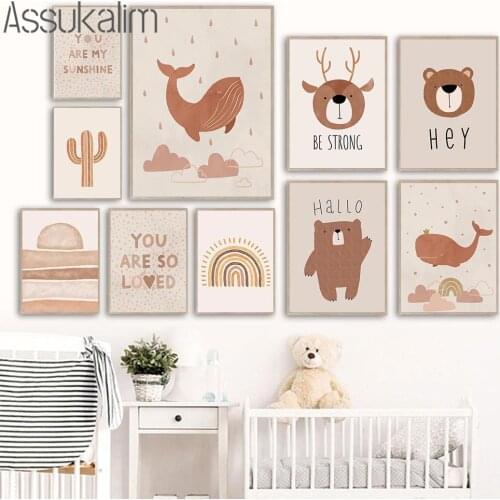 Whale Prints Deer Bear Poster Cactus Art Print Rainbow Canvas Painting Nursery Wall Pictures Boho Kids Room Decoration Paintings