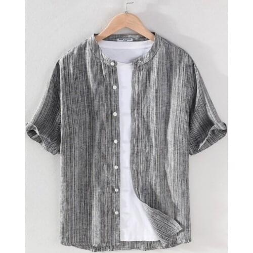 100% Linen stand collar stripe yarn-dyed gray shirt men summer new brand shirts for men tops mens clothes camisa chemise