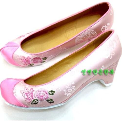 5cm High Heel Pink Embroidered Shoes Korean Traditional Hanbok Accessories Open Wedges High Quality Peony Embroidery Women Shoes