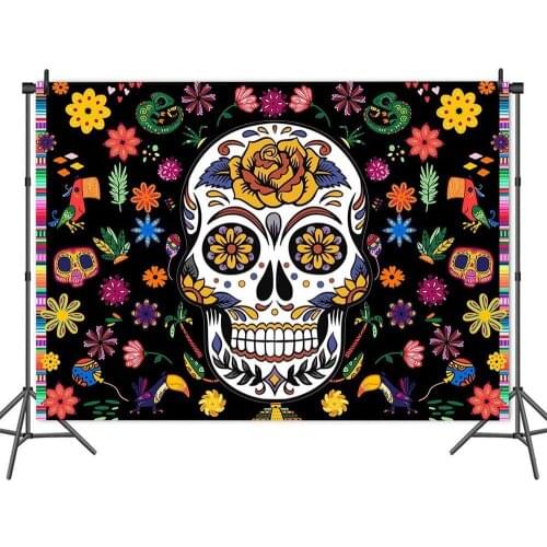 Flowers Personality Skull Black Backdrop Halloween Party Room Table Decoration Child Photography Photo Background Vinyl Banner