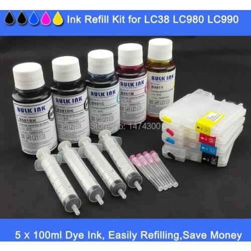 XIMO full set of refillable cartridges plus 5*100ml dye ink and refill tool for MFC-5490CW MFC-6490CW MFC-6890CDW etc
