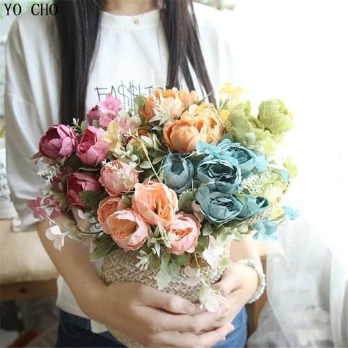 YO CHO Party Decoration Accessories Simulation Flowers Peony Bouquets Home Wedding Festivals Decor Small Artificial Rose Flowers