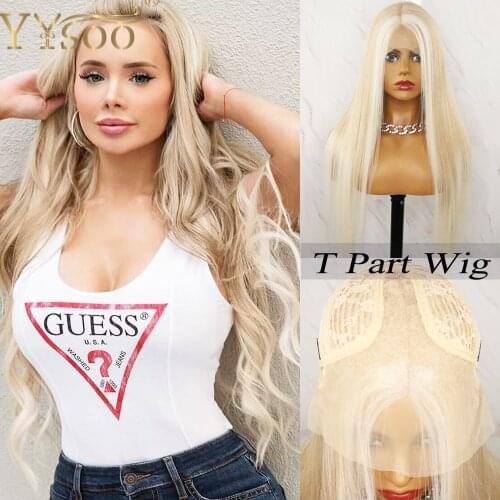 YYsoo Long Silky Straight 103/60# Color Synthetic Hair T Part Wig Balayage Futura Heat Resistant 13x2 Lace Front Highlights Wigs