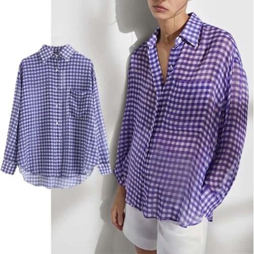 Klkxmyt Za Womens Shirts Vintage Purple Check With Pockets Asymmetry Blouse Woman Casual Blusas Mujer De Moda 2021 Kimono Shirt