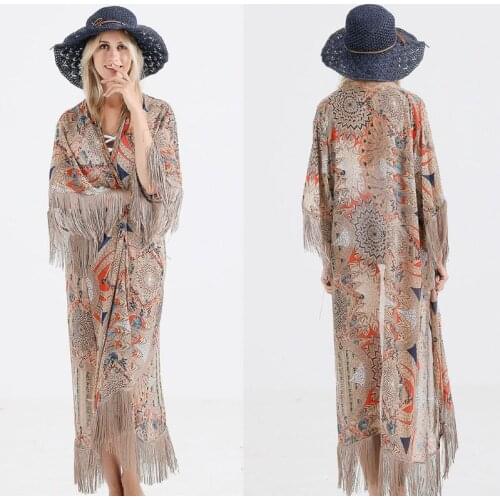 Womens Summer Half Sleeve Chiffon Cardigan Boho Retro Geometric Floral Printed Fringed Tassels Patchwork Bikini Cover Up MXMA