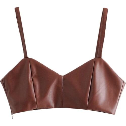 2021 New Women Sexy Fashion Faux Leather Cropped Tank Top Vintage V Neck Side Zipper Wide Straps Female Camis Chic Tops