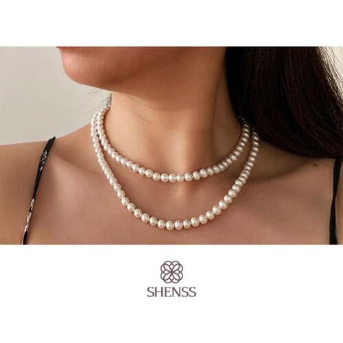 Elegant Silver 925 Jewelry Classic Temperament Wedding Necklace 6mm Shell Pearl Cream 925 Sterling Silver Double Chain for Women
