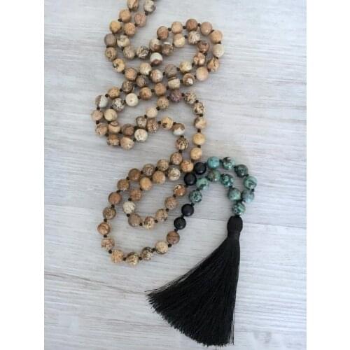 108 Mala Bead Necklace African Turquoises Onyx Necklace Hand Knotted Mens Necklaces Prayer Yoga Meditation Mala Necklaces