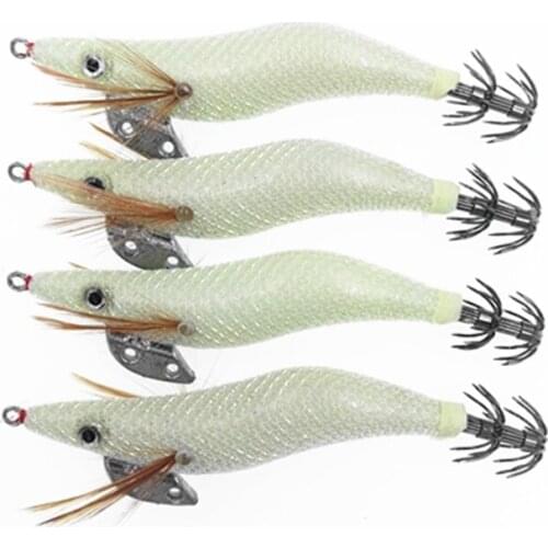 4Pcs Hard Plastic Octopus Squid Jigs Lures 10cm 11g Cuttlefish Artificial Bait Wood Shrimp Squid Hooks