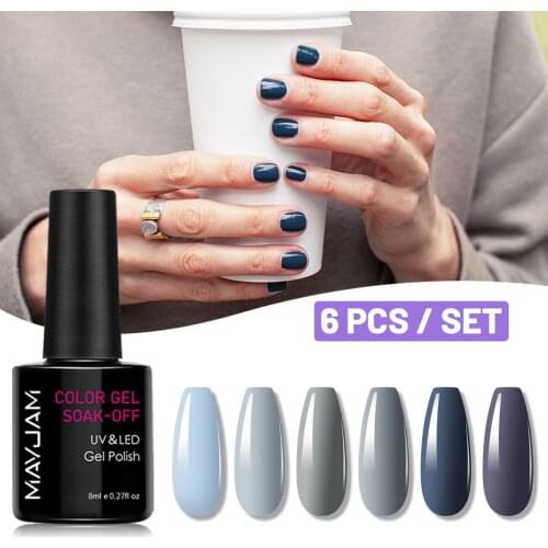 6Pcs Gel Nail Polish Set Color Glitter Semi Permanent Hybrid Gel Varnish Long Lasting Base Top Coat Soak Off UV LED Nail Art