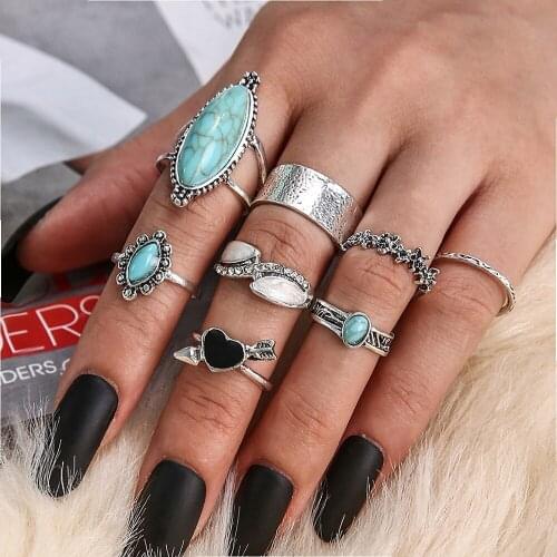 8 Pcs/set New Design Vintage Turquoise Knuckle Rings Set For Women Boho Geometric Arrow Heart Pattern Rings Bohemian Jewelry