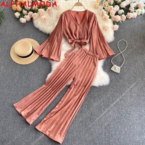 ALPHALMODA 2021 Summer Women Pullover Flare-sleeved Chiffon Shirt Pleated Wide Leg Pants 2pcs Fashion Suit