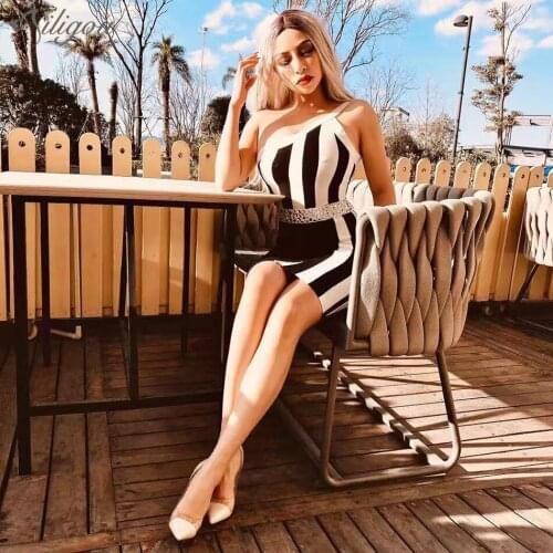 Ailigou New Summer Fashion Elegant Bead Design Sexy Sleeveless One Shoulder Celebrity Party Club Mini Bandage Dress Vestidos