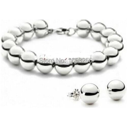 Sweet design for women Men Shiny stainless steel 6mm solid ball charms bracelet + earring studs Fashion Jewelry bling Never Fade