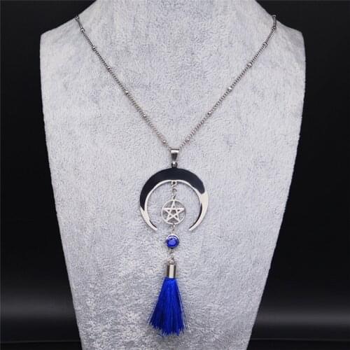 Witchcraft Stainless Steel Moon Pentagram Chain Necklace Silver Color Tassel Necklaces & Pendants Jewelry gargantilha N3105S02