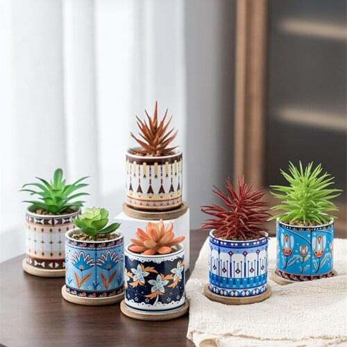 Nordic Style Flower Pot Mandala Ceramics Plant Flower Pot Colorful Geometric Printing Round Succulents Bonsai Planter with Tray