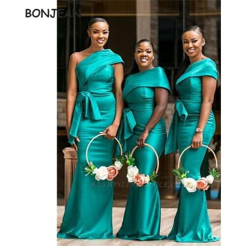 African Black Girls One Shoulder Bridesmaid Dresses Long Shiny Satin Mermaid Wedding Party Dress for Womens