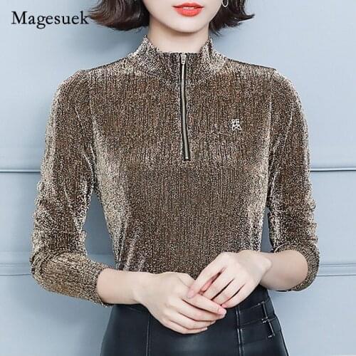 Elegant Womens 2021 New Autumn Mesh Gold Blouse Turn-down Collar Long Sleeve T-shirt with Zipper Shinny Slim Tops Blusa 16733