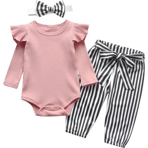 Infant Baby Clothes Set Stylish Clothing Set Ruffle Trim Girl Baby Bodysuits For Newborns Stripe Pants Headdress Baby Outfit Set
