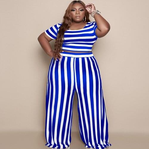Two Piece Sets Casual Plus Size Women Clothing Stripy Print Crop Tops Elegant Mid Waist Wide Leg Pants Wholesale Dropshipping
