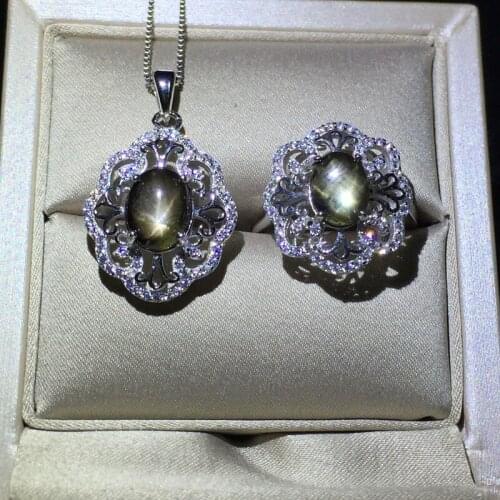 KJJEAXCMY boutique jewels 925 Pure silver set with natural star sapphire pendant + necklace + ring set with simple chrysanthemum