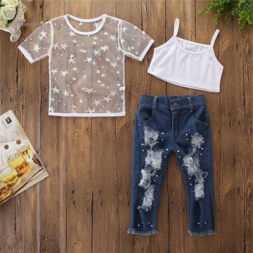 Summer Baby Girl Clothes 3Pcs Fashion 1-6Years Infant Kid Lace Star Top + Vest +Jeans Ripped Denim Pants Outfit Clothes Sets