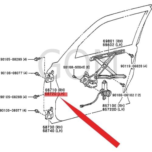 Left front door upper hinge assembly 1998-Toy ota PRO GRE SBR EVI SCR OWN front door hinge upper right/lower left