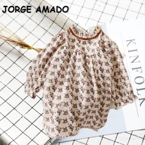 2021 Hot Sale New Autumn Kids Girls Dresses Floral Long Puff Sleeves Round Collar Dress Retro Princess Children Clothes E0100