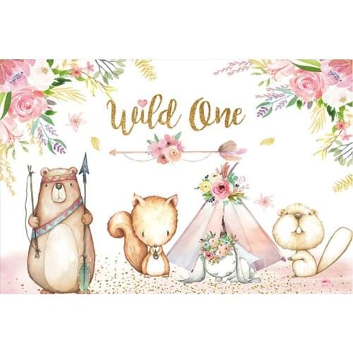 Cute Wild One Animals and Flowers Birthday Backdrop Holiday Photography Background Celebration Photo Booth Studio Decor