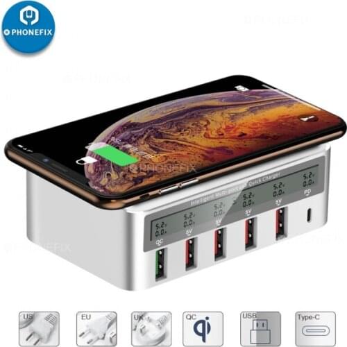 PHONEFIX Multiport Quick USB Charger Station LCD Display With Wireless Charging USB Hub Type C Charger Station