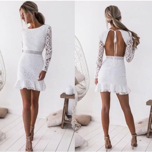 Fashion Women Bodycon Women Sexy Long Sleeve Backless Lace Dress Cascading Contrast Ruffles Floral Mini Party Hollow out Dress