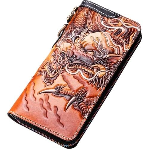 Genuine Leather Wallets Carving Chinese Dragon Brave Troops Purses Men Long Clutch Vegetable Tanned Leather Wallet Card Holder