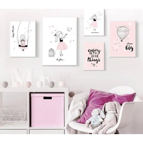 Pink Girl Nursery Wall Art Print Hot Air Balloon Canvas Painting Quotes Child Poster Nordic Wall Pictures Baby Girls Room Decor