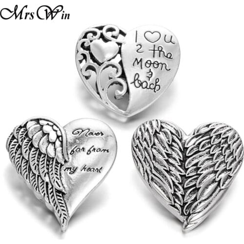 New Snap Jewelry Angel Wings Love Heart Metal 18mm Snap Buttons Fit Snap Bracelet Neckalce Valentines Day Gift