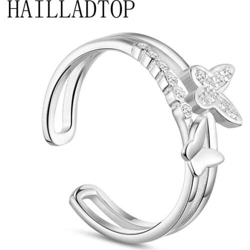 Open Ring Double Butterfly Circle Round Cuff Finger Rings Shiny Crystal Animal Cute Hands Jewelry Adjustable Female Double Layer