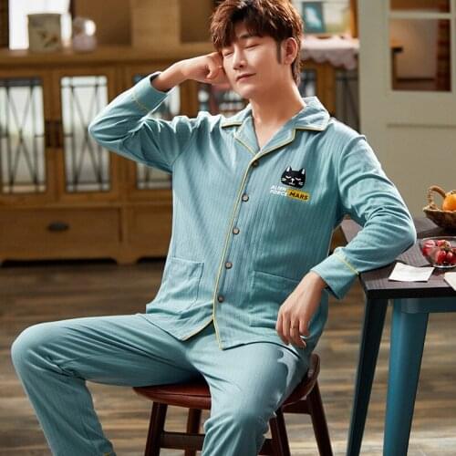 Pyjamas Women Nightie Pajamas MenS Long-Sleeved 100% Cotton Spring Autumn MenS Youth Cardigan Home Service Thin Two-Piece Suit