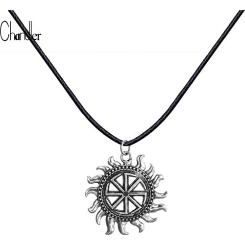 Son of Sun Sloar Kolovrat Slavic Amulet Pendant Necklace Black Leather Rope Chain Viking Male Jewelry For Boyfriend Gifts