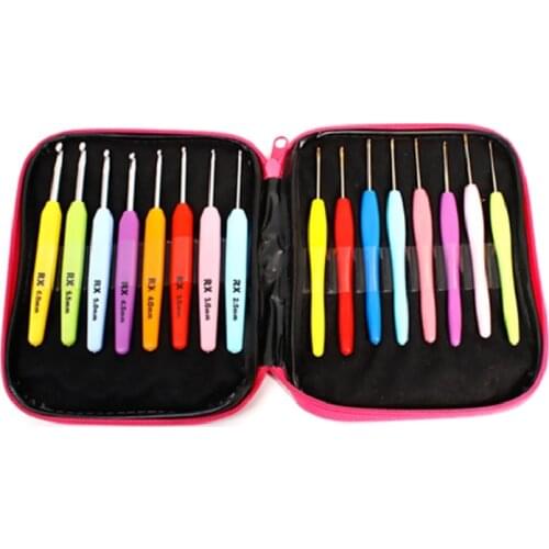 Multicolor Aluminum Hand Sewing Knitting Needles Crochet Hook Set Plastic Handle DIY Crafts Home Supplies 19x16cm, 16 PCs/Set