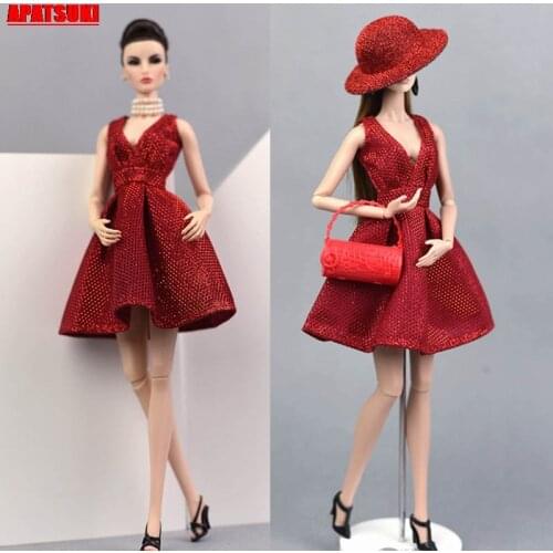 V-Neck Doll Dress For Barbie Doll Clothes Outfits Party Gown For Barbie Dollhouse Hat Glasses Shoes Boots 1/6 Doll Accessories