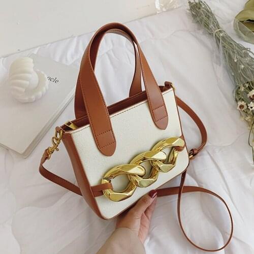 Thick Chain Design Pu Leather Crossbody Bag For Women Contrast Color Shoulder Bag Tote Canvas Bucket Bag Fashion Travel Handbags