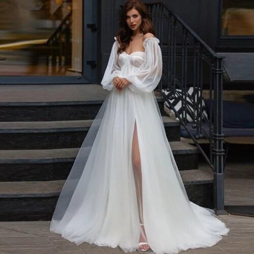 Boho Wedding Dresses A-line Sweetheart Long Sleeves Tulle Slit Dubai Arabic Wedding Gown Bridal Dress Vestido De Noiva