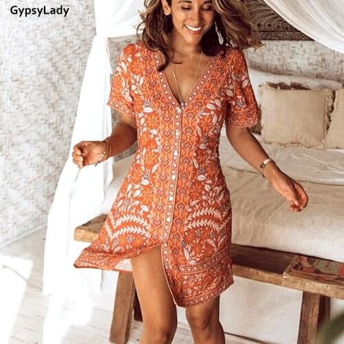 GypsyLady Vintage Floral Boho Mini Dress Summer Holiday Red Women Dress Short Sleeve V-neck Button Front Chic Ladies Dresses New