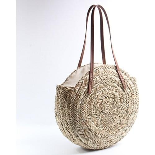 Women Straw Weave Handbag Round Shoulder Bag Girl Casual Bags for Beach Travel Best Sale-WT