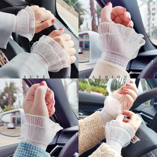 Women White Lace Fake Cuff Girls Flared Sleeves Pleated Detachable Sleeve Fake Cuffs Sweater Decorative Female False Cuffs