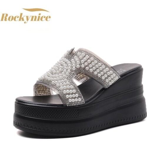 Womens Summer Chunky Slipper 2021 High Heel Sandals Flip Flops Thick-Bottom Pearl Slippers Wedges Platform Beach Slides Zapatos