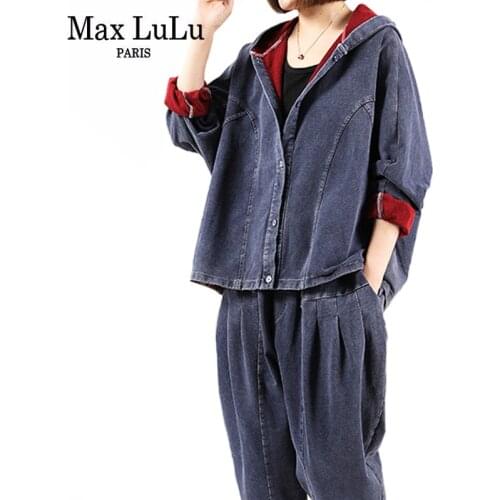 Max LuLu Korean 2021 Suits Blue Denim Hooded Two Pieces Sets Autumn Women Casual Loose Jackets And Pants Female Vintage Outfits
