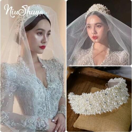 NiuShuya Handmade Imitation Pearl Hairband Women Elegant White Full Pearl Beads Headband Bridal Crown Hair Hoop Hair Accessories
