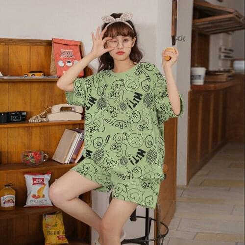 Women Nightwear Pajamas Set 2021 Summer Short Sleeve Shorts Night Suit Cotton Cartoon Sleepwear For Woman Comfort Home Clothes