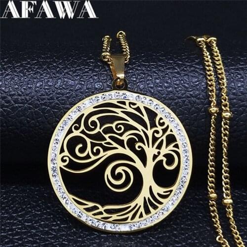 2021 Fashion Tree of Life Stainless Steel Statement Necklace for Women Gold Color Crystal Necklaces Jewelry cadenas mujer N19S01