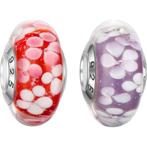 5pcs 925 Sterling Silver Core Big Hole Purple and Red Flower Pattern European Murano Glass Beads For DIY Charm Bracelets DSG07